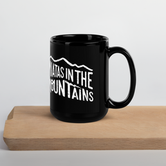 Miatas in the Mountains Script Black Glossy Mug